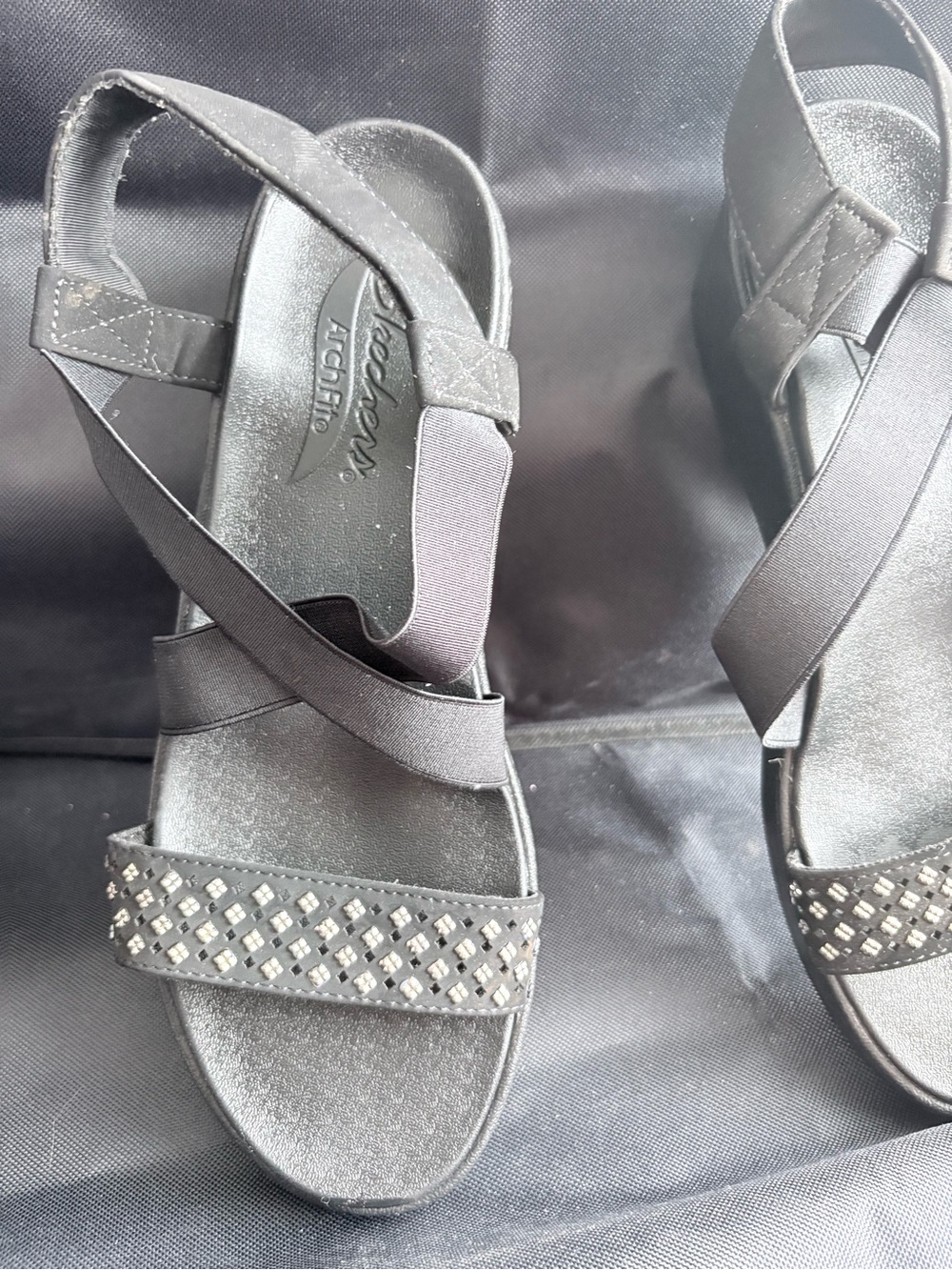 Skechers Black Crisscross Slingback Sandals with Studded Toe Strap